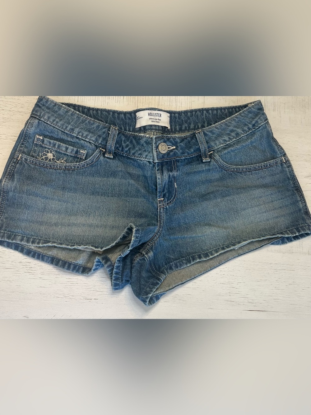 Hollister Light Blue Ultra Low-Rise Denim Mini Shorts with Embroidered Flowers